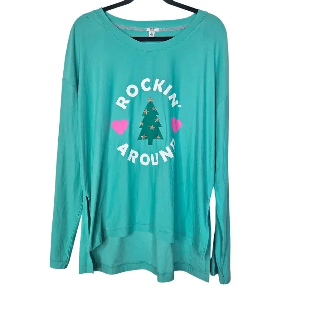 NEW Crown Ivy Yummy XL Teal Green Christmas Pajama Sleep Shirt Rocking Around